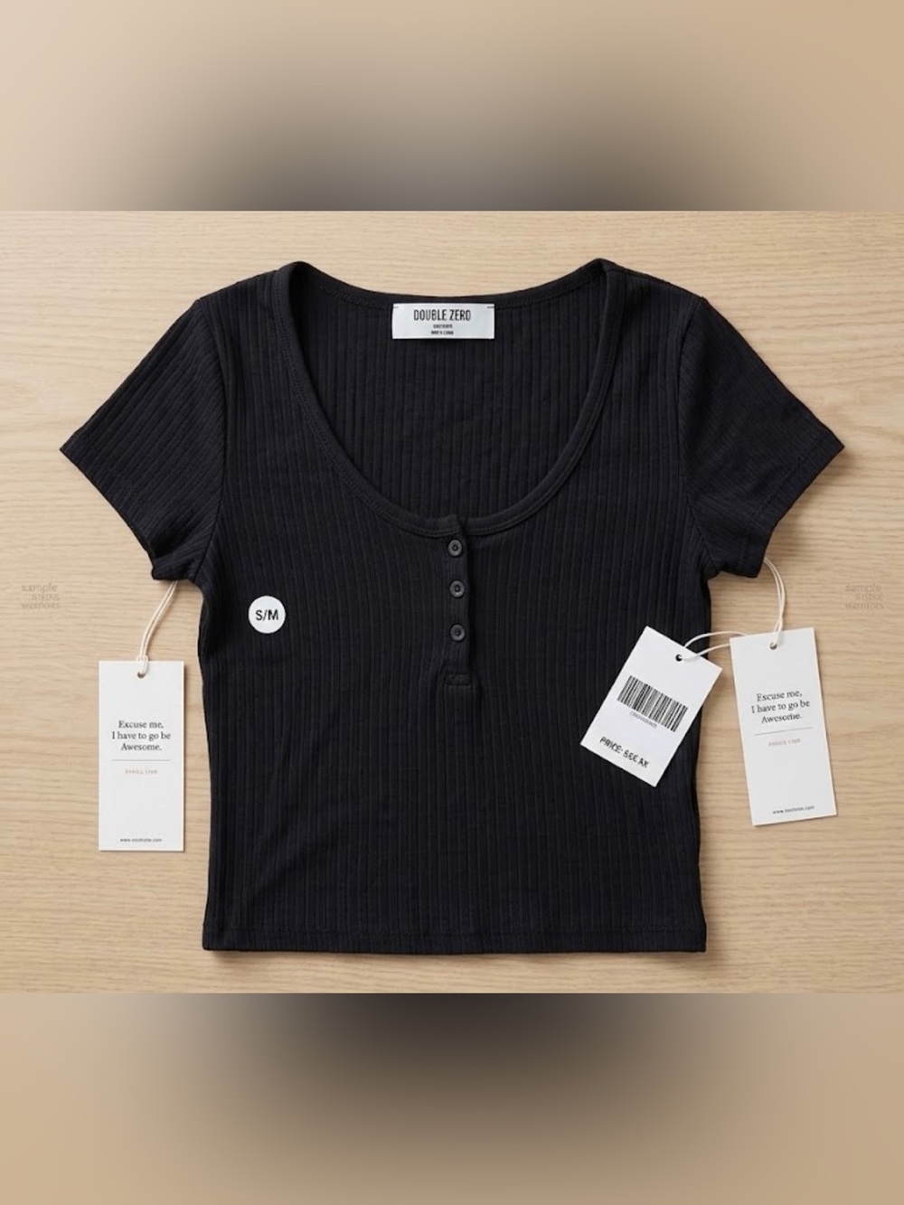 NWT Double Zero Women's Black Ribbed Henley Crop Top - Small